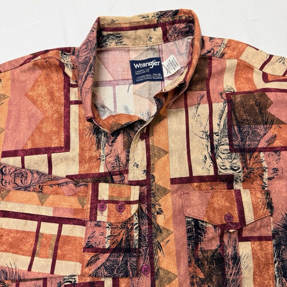 Wrangler Cowboy Cut X‑Long Tail 17.5x36 Western Shirt Tribal Chief Geometric USA